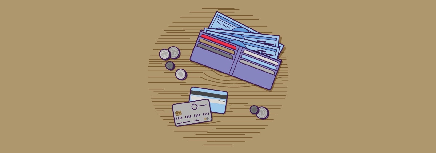 cartoon wallet with credit cards and coins